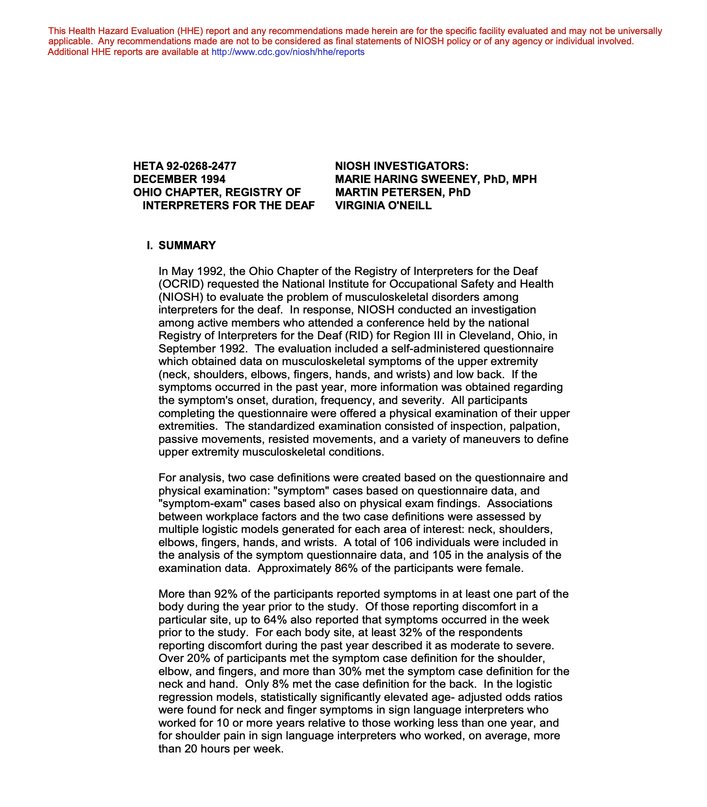 Peak Ergonomics Health Hazard Evaluation Report Peak Ergonomics